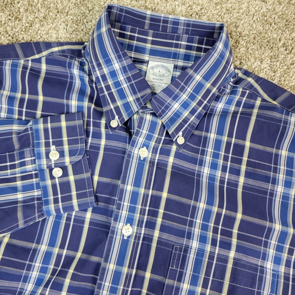 Brooks Brothers Regent Mens Large Blue Plaid Button‎ Down Long Sleeve